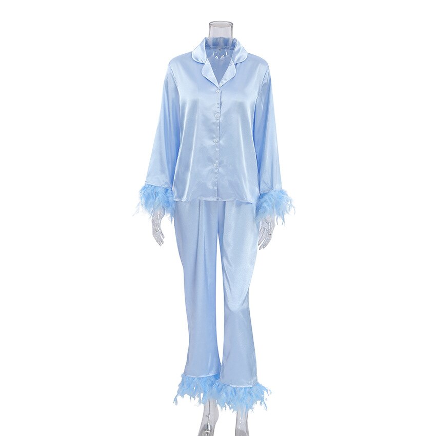 Feathered 2 Piece Long Sleeve Turn Down Collar Pajama Set