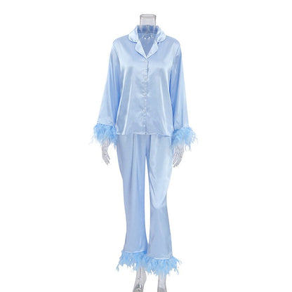 Feathered 2 Piece Long Sleeve Turn Down Collar Pajama Set