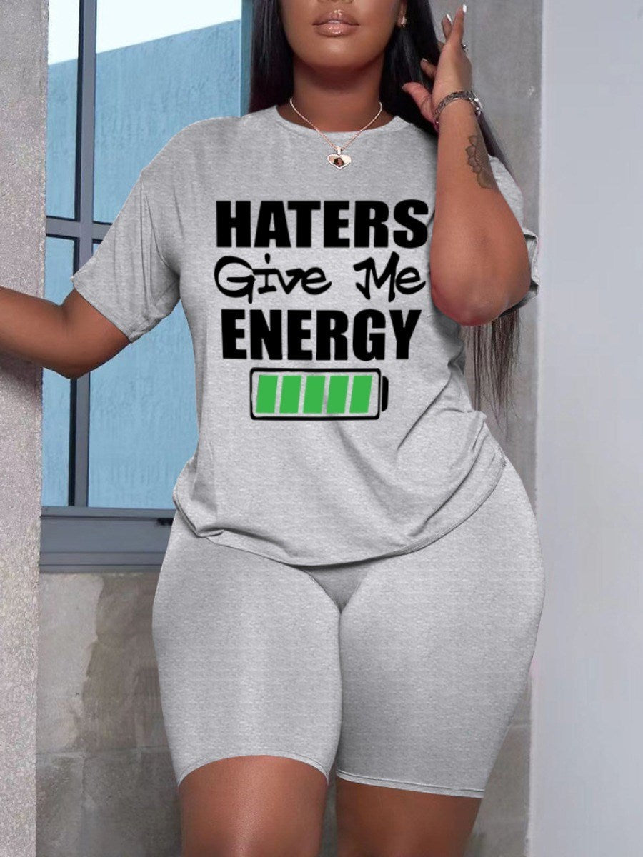 Plus Size Haters Give Me Energy Letter Print Shorts Set