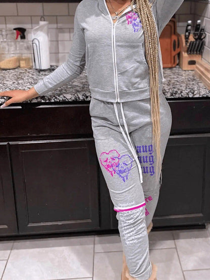 LW Letter Print Long Sleeve Hooded Collar Tracksuit