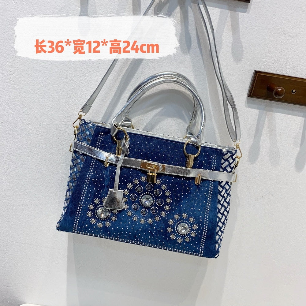 Denim Diamond Crystal Crossbody Messenger Bag