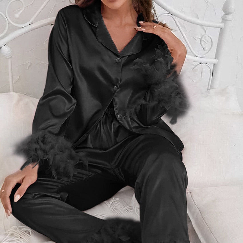 Feathered 2 Piece Long Sleeve Turn Down Collar Pajama Set