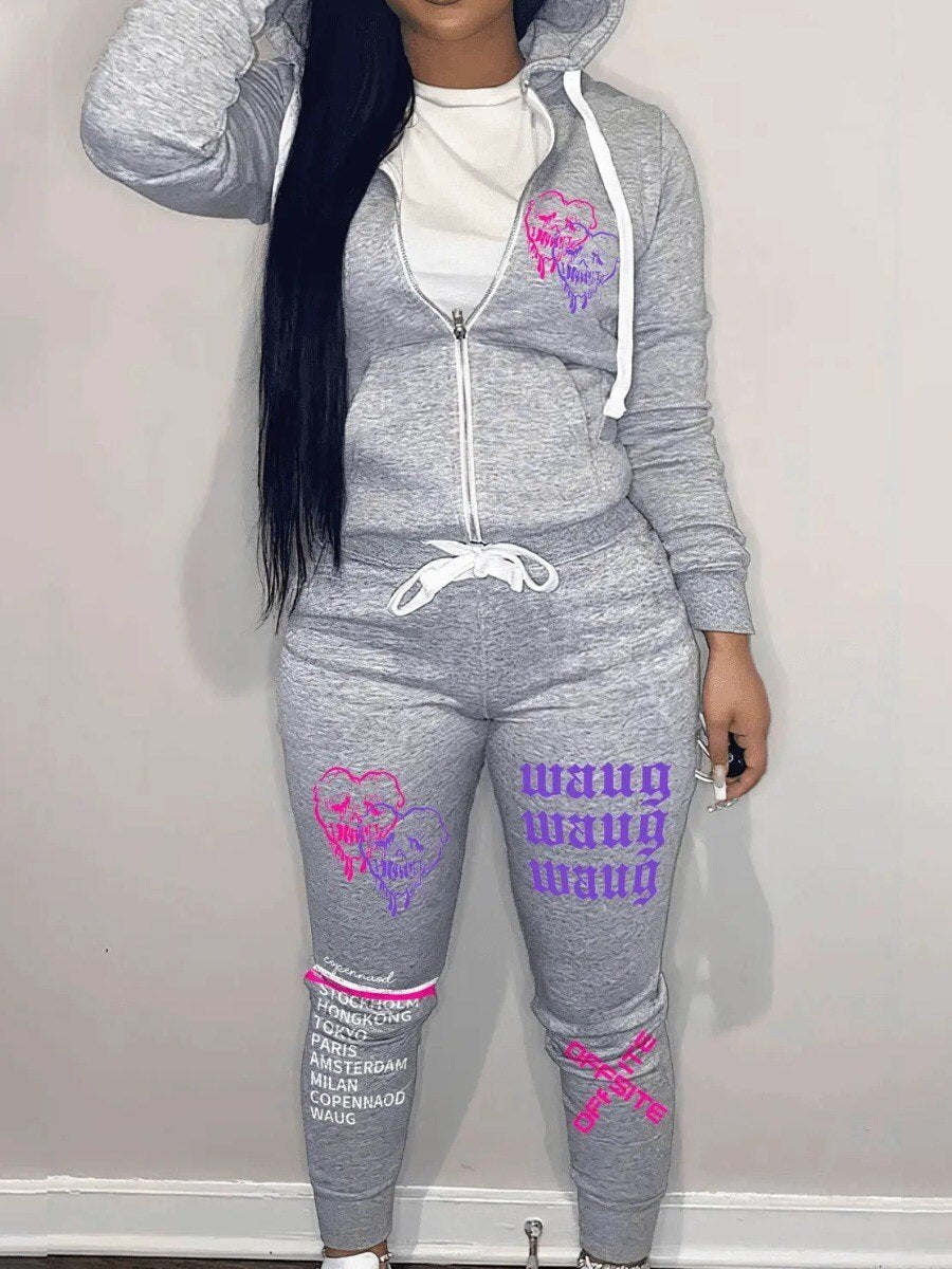 LW Letter Print Long Sleeve Hooded Collar Tracksuit