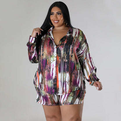 Plus Size Autumn Print Two Piece Set with Lace Up Top and Shorts