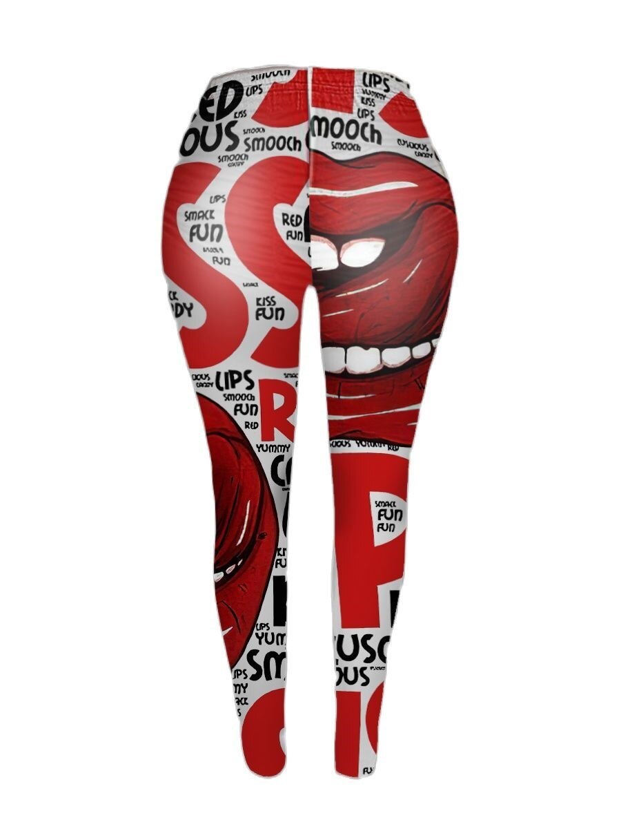 Plus Size Kiss Lip Letter Print High Waisted Legging