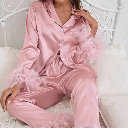 Feathered 2 Piece Long Sleeve Turn Down Collar Pajama Set