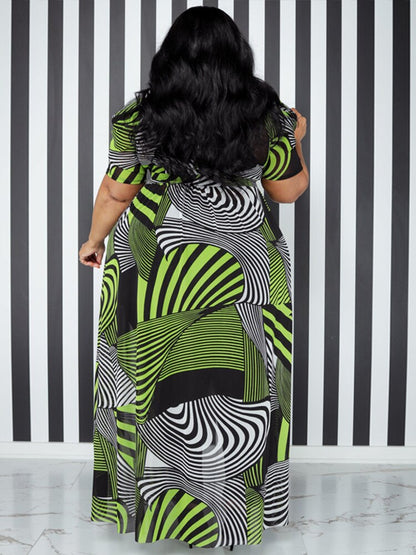 Plus Size High Low Hem Contrast Color Striped Print Short Sleeve Mesh Top