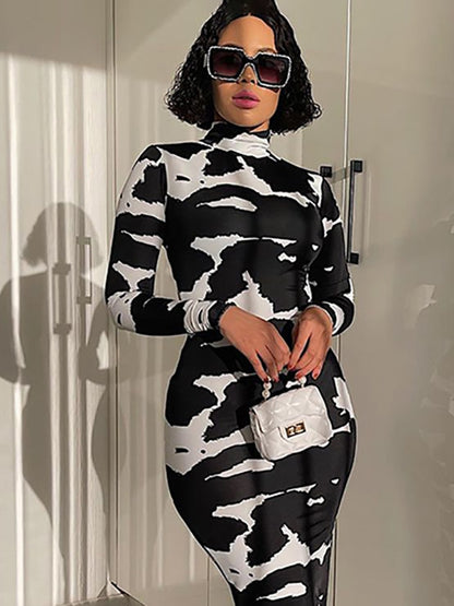 Long Sleeve Turtleneck Cow Print Dress