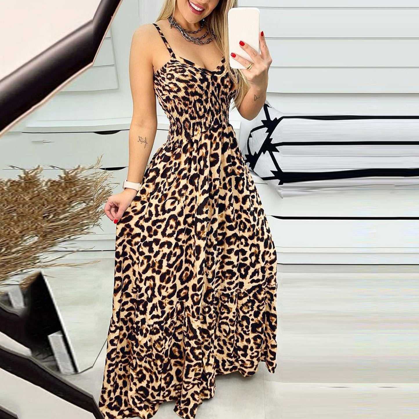 Leopard Print V-Neck Sexy Long Backless Dress