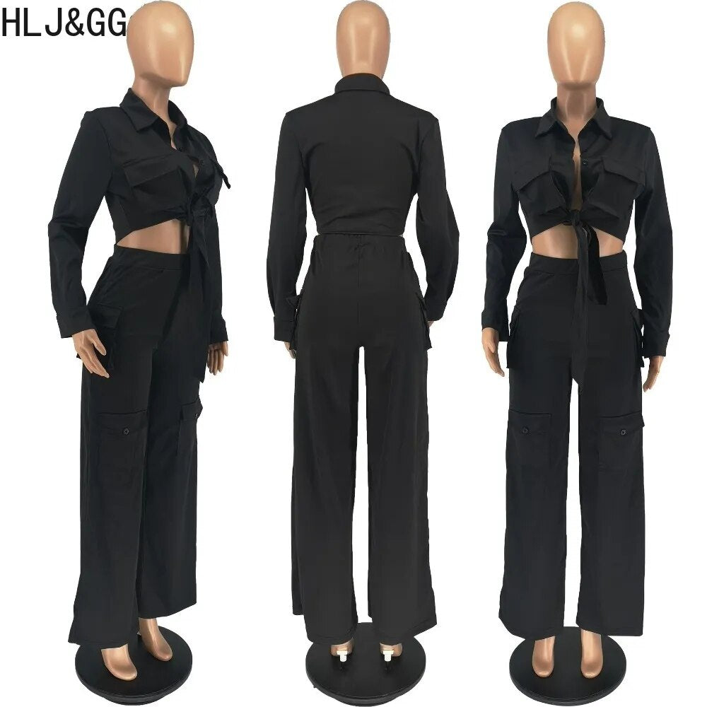 Autumn Sophisticated Buttoned Long Sleeve Shirts with Wide Leg Pants Two Piece Set