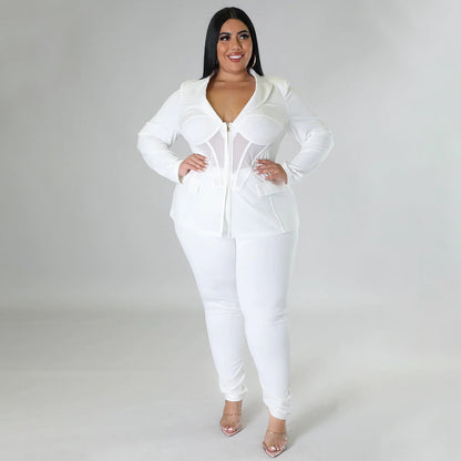 Plus Size See Through V Neck Jackets And Pants Set