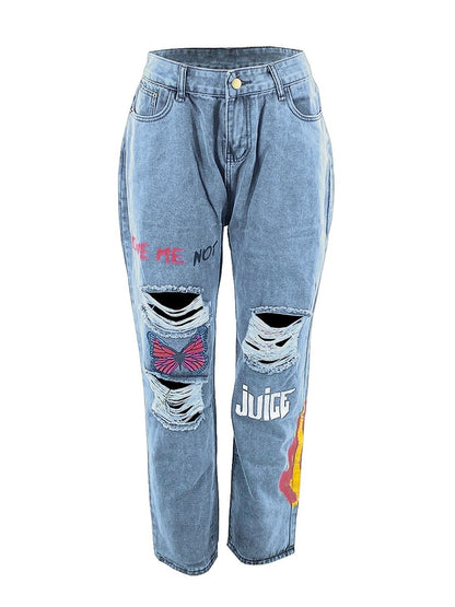 Butterfly Letter Print Ripped Jeans