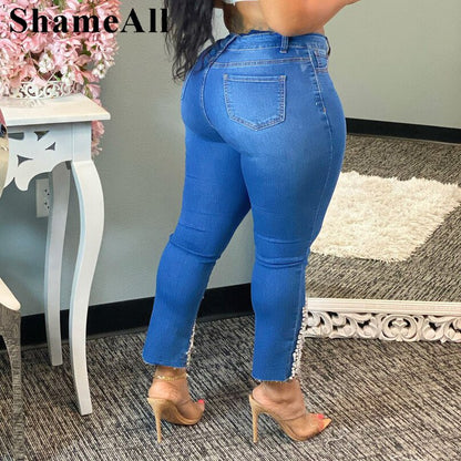 Plus Size Rhinestone Beading Skinny Ankle Length Pencil Jeans