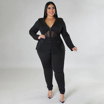 Plus Size See Through V Neck Jackets And Pants Set