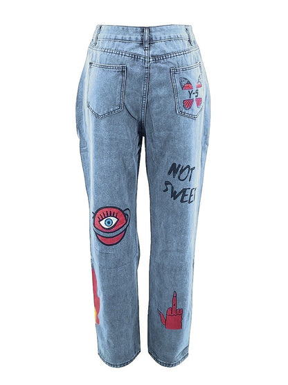 Butterfly Letter Print Ripped Jeans