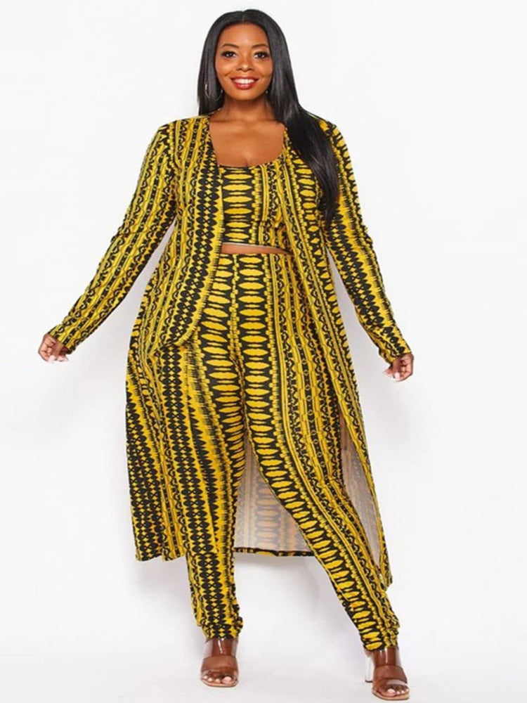 Plus Size Long Tops Pants Suit With Tank Autumn Print