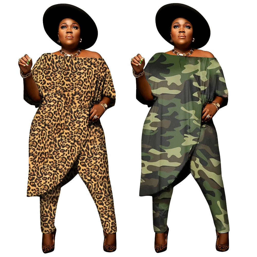 Plus Size Fashion Leopard Print Short Sleeve Casual Two Piece Pant Set