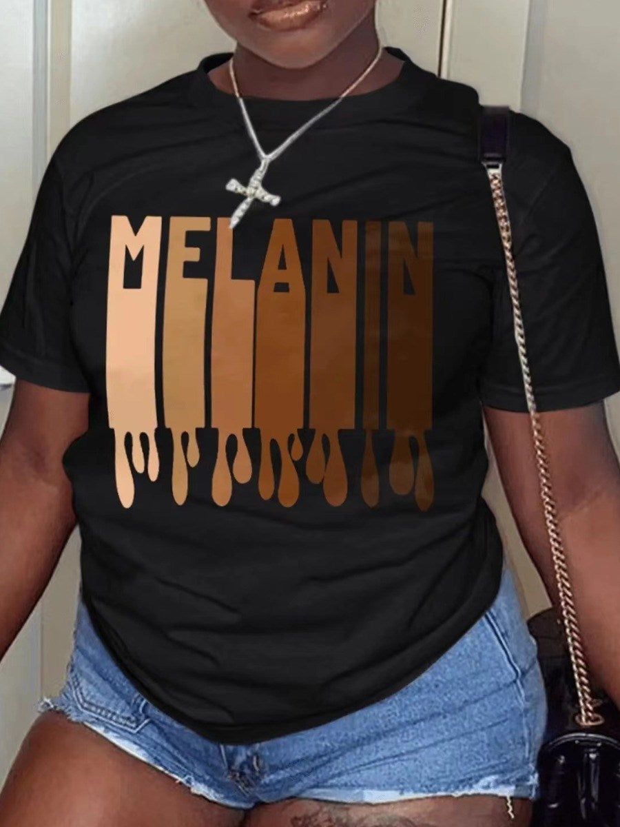 Plus Size Round Neck Short Sleeve Melanin Letter Print T-shirt