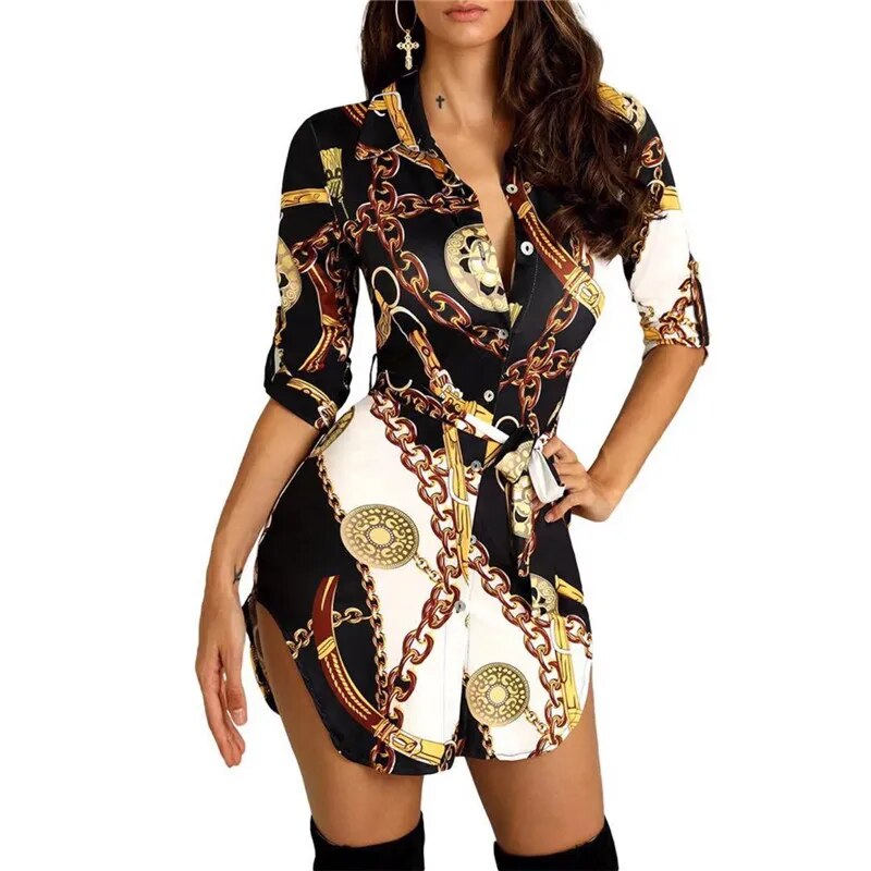 Fashionable Sexy Chain Strap Print Half Sleeve Lapel Button Shirt Dress