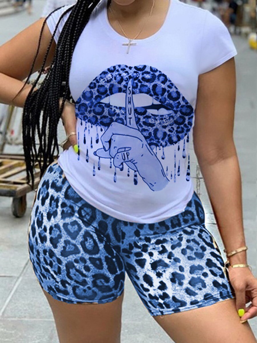 Plus Size Short Sleeve O-Neck Letter Print Two-piece Shorts Set