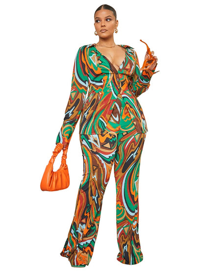 Plus Size 2 Piece Top And Flare Pants Suit