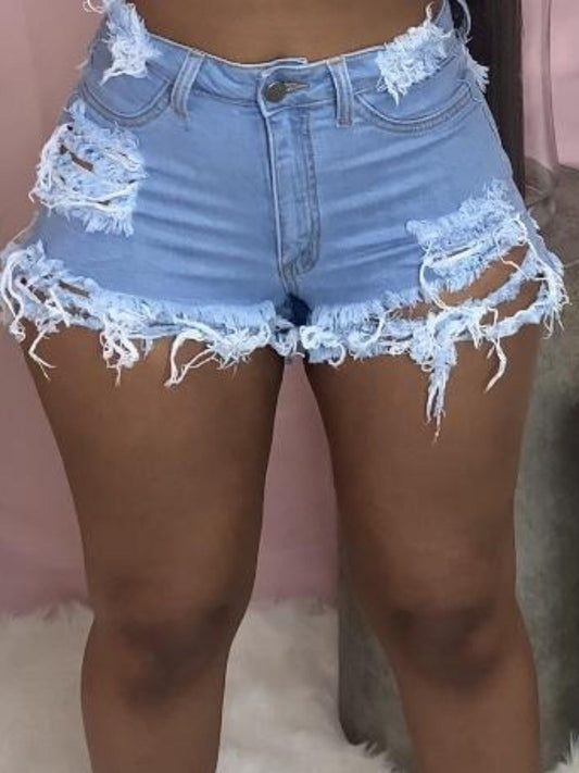 Mid Waist High Stretchy Ripped Baby Denim Shorts