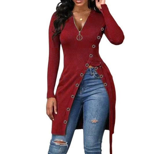 Sexy Long V-Neck Screw Thread Casual Fashion Top