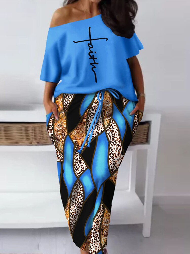 Plus Size Faith Baroque Leopard Print Casual Skew Neck Top & Drawstring Skirt Set