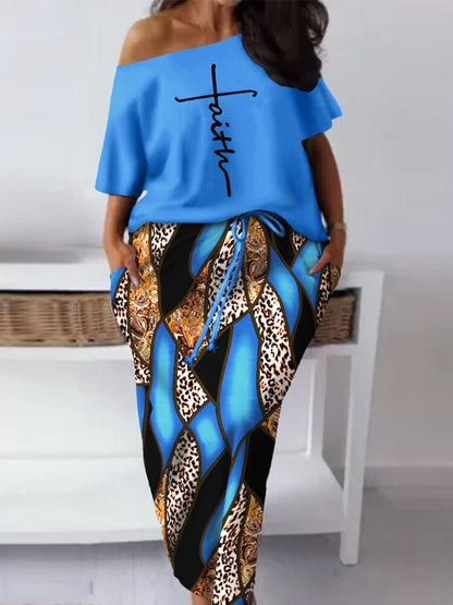 Plus Size Faith Baroque Leopard Print Casual Skew Neck Top & Drawstring Skirt Set