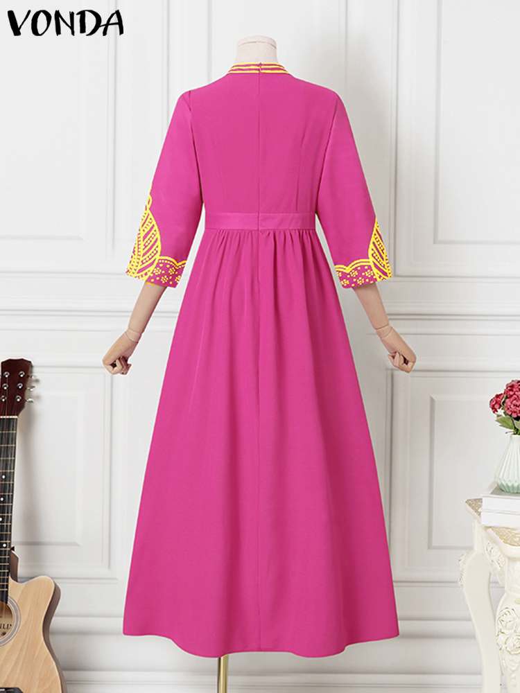 Loose A-Line 3/4 Sleeve Long Dress with Belt