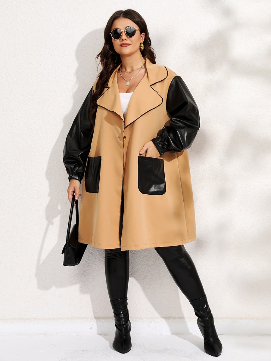 Plus Size Winter Color Block Double Pocket Loose Coat