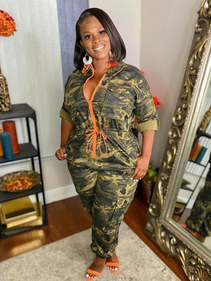 Plus Size Streetwear One Piece Camouflage Jumpsuit