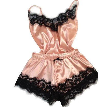 Sleeveless Lace Trim Satin Cami Pajama Set