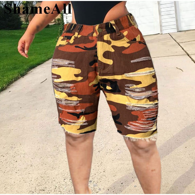 Plus Size Streetwear Ripped Skinny Camouflage Cutoff Jeans