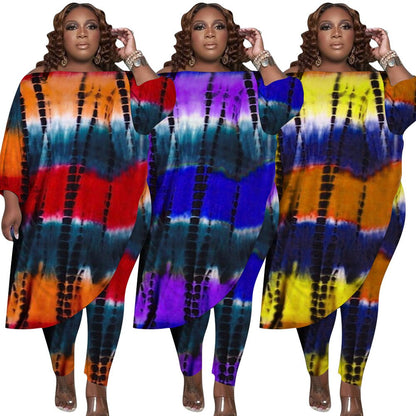 Plus Size Tie Dye Print Loose Oblique Irregular Two Piece Set