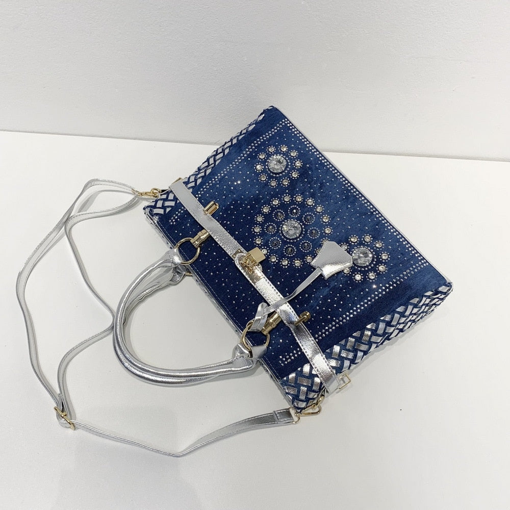 Denim Diamond Crystal Crossbody Messenger Bag