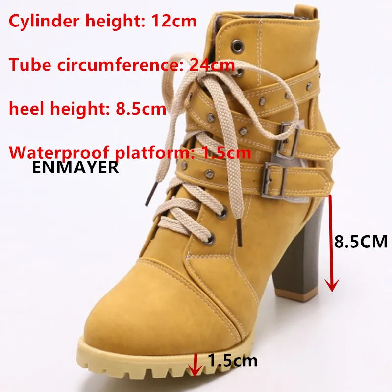 ENMAYER Lace Up Waterproof High Heel Platform Ankle Boots