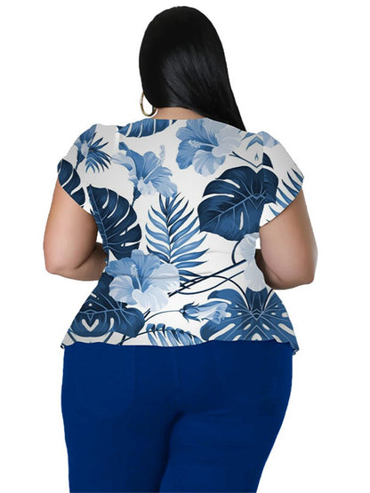 Plus Size Two Piece Printed Top Solid Leggings Matching Set