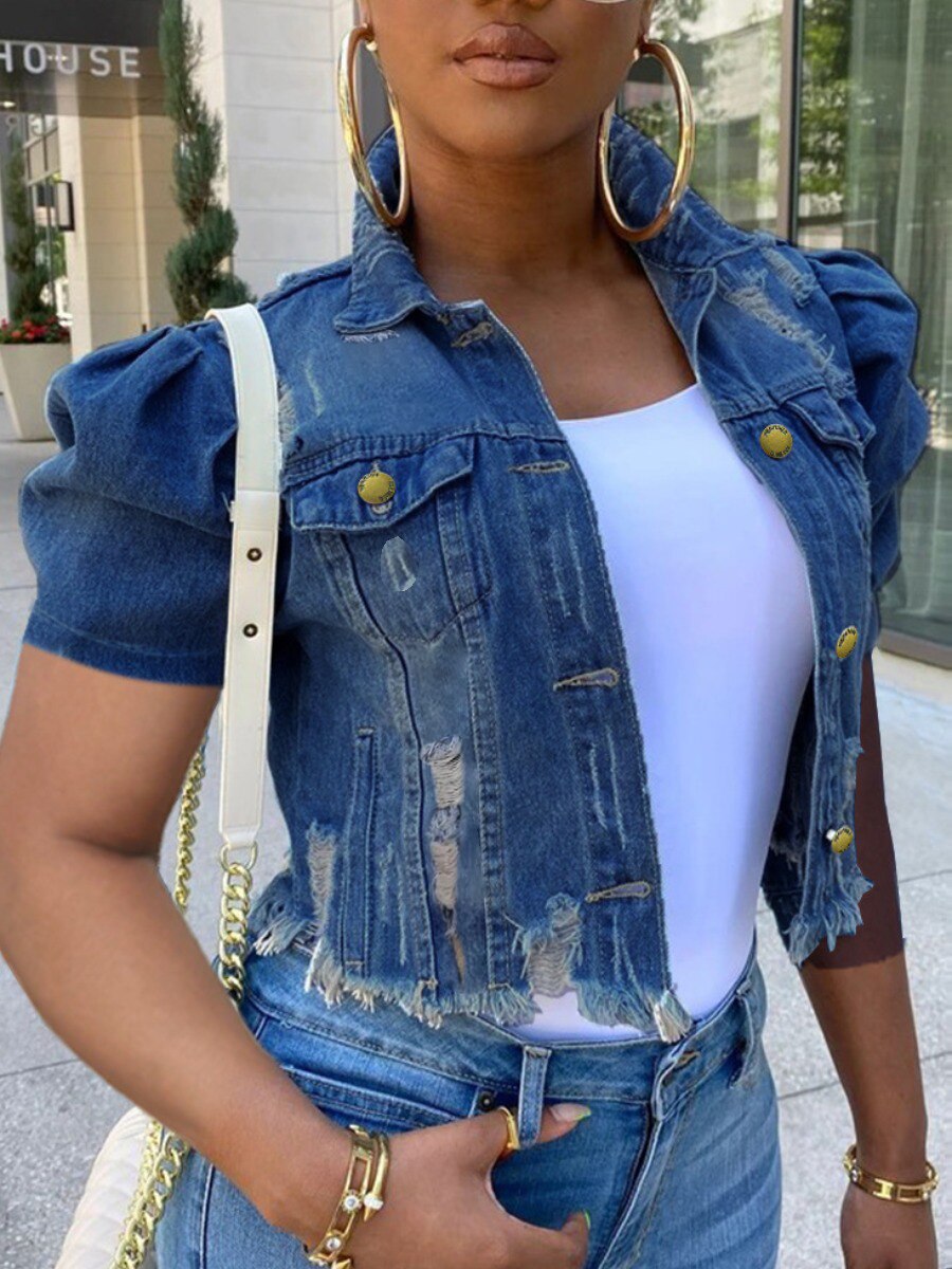 Plus Size Puff Sleeve Ripped Denim Jacket