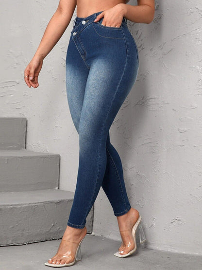 Mid Waist Skinny Asymmetrical Jeans