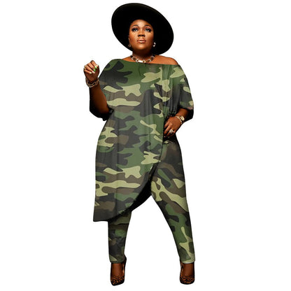 Plus Size Fashion Leopard Print Short Sleeve Casual Two Piece Pant Set